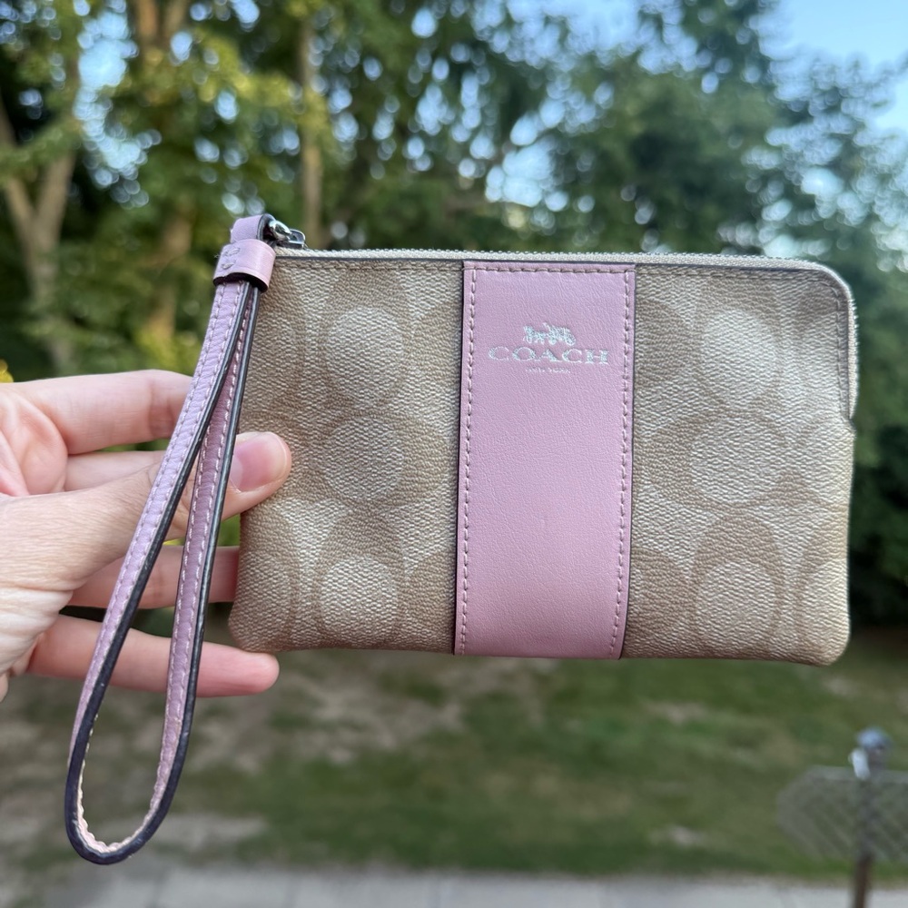 Coach tan & pink wristlet
